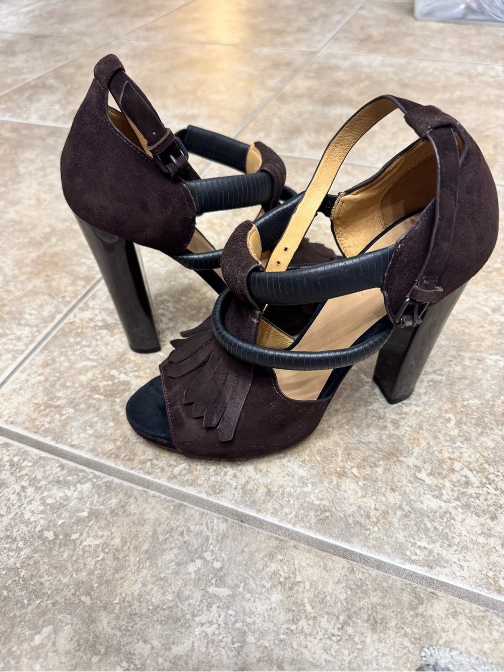 L.A.M.B. Black Brown Suede Fringe Platform Heel Sandals - Picture 6 of 7